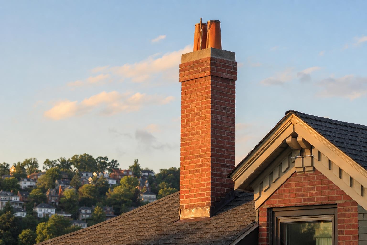 Brick chimney rising above a rooftop
