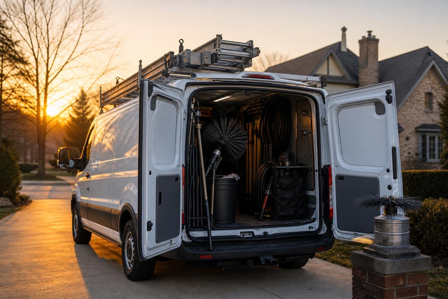 A fully stocked chimney sweep service van