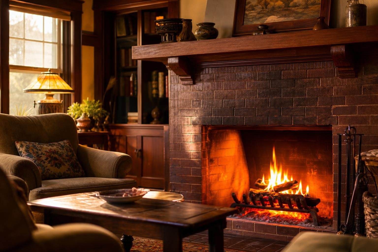 Cozy brick fireplace with a fire burning, the kind of hearth a well-maintained chimney keeps safe