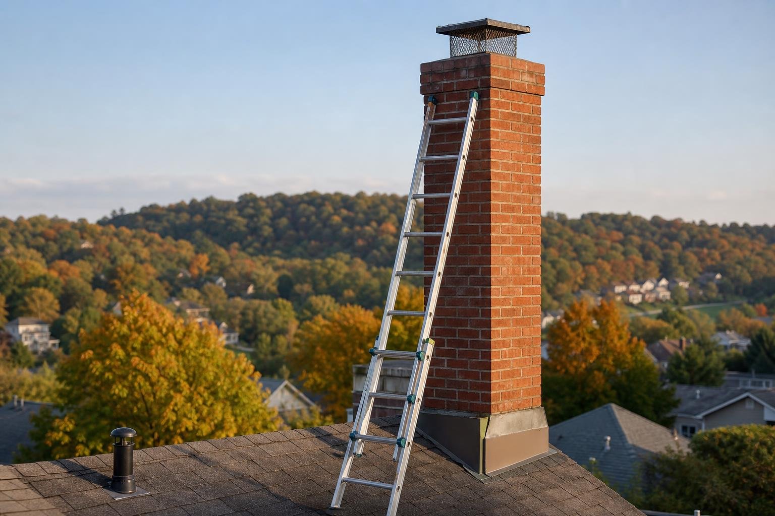 Ladder leaning against a brick chimney for a rooftop inspection