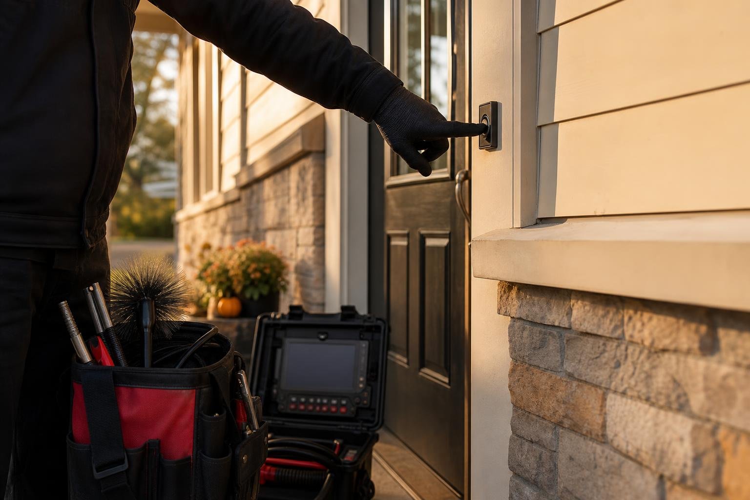 Chimney sweep technician arriving at a customer home