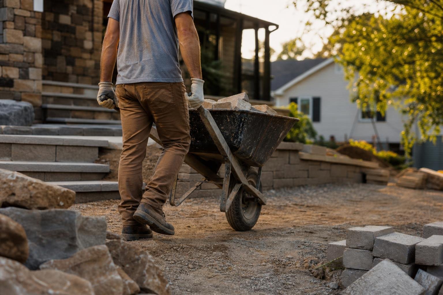 Worker in a hard hat laying concrete blocks for a masonry rebuild