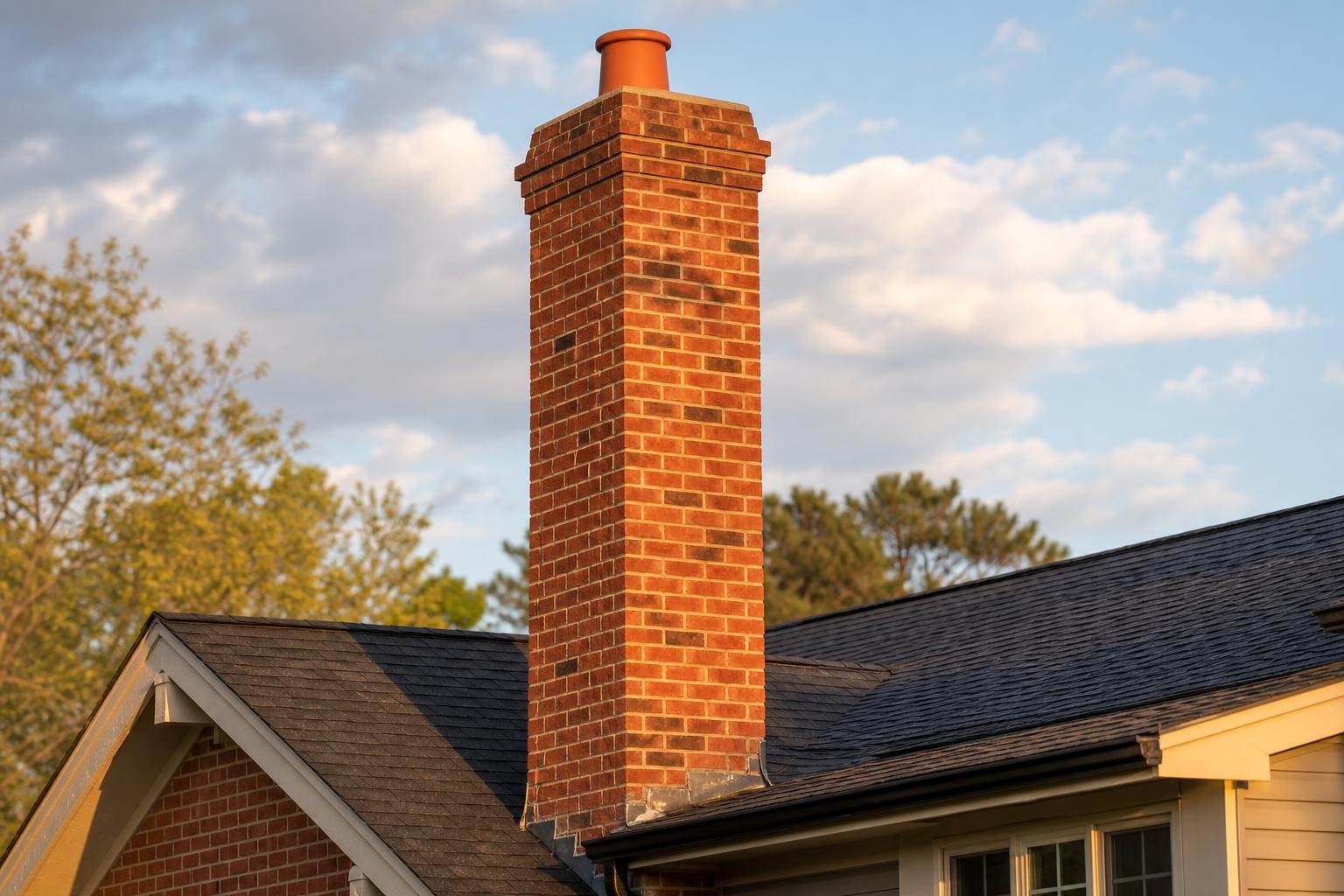 Brick chimney rising above a rooftop