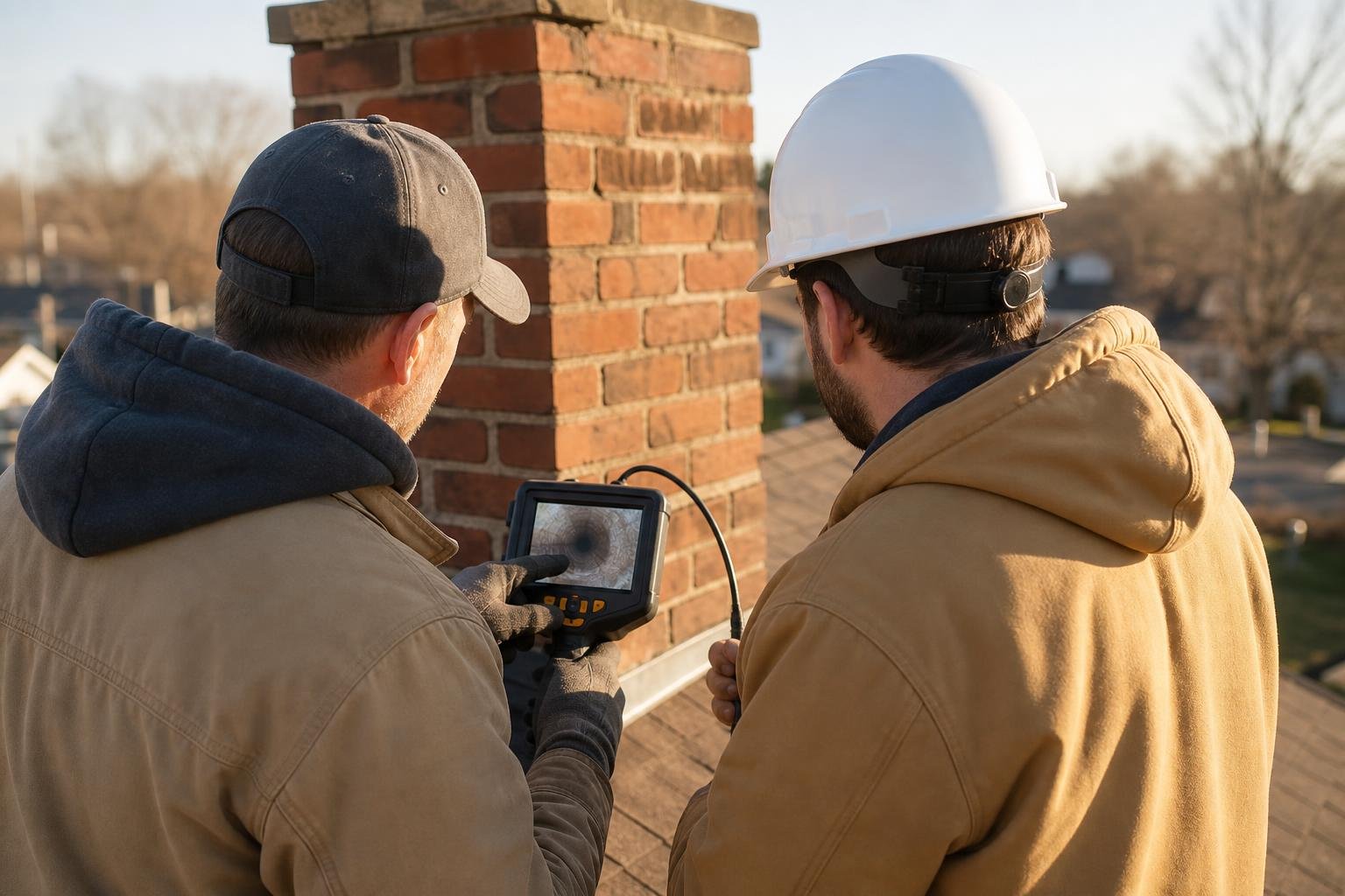 Two technicians reviewing an inspection camera together on a rooftop