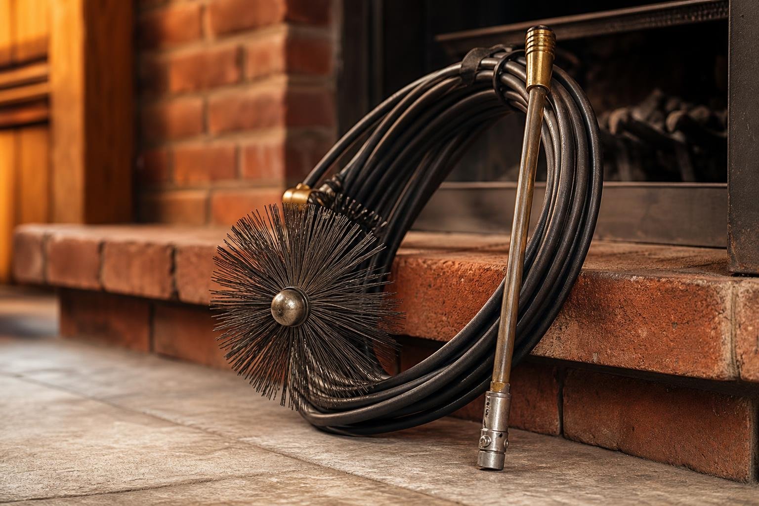 Chimney sweep equipment ready for a fireplace cleaning
