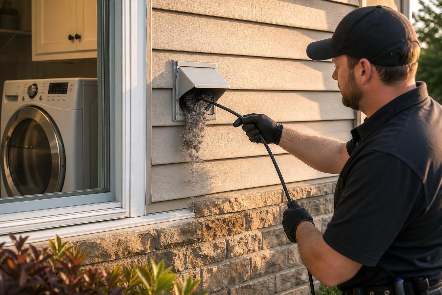 Technician cleaning lint from an exterior dryer vent hood with a rotary brush