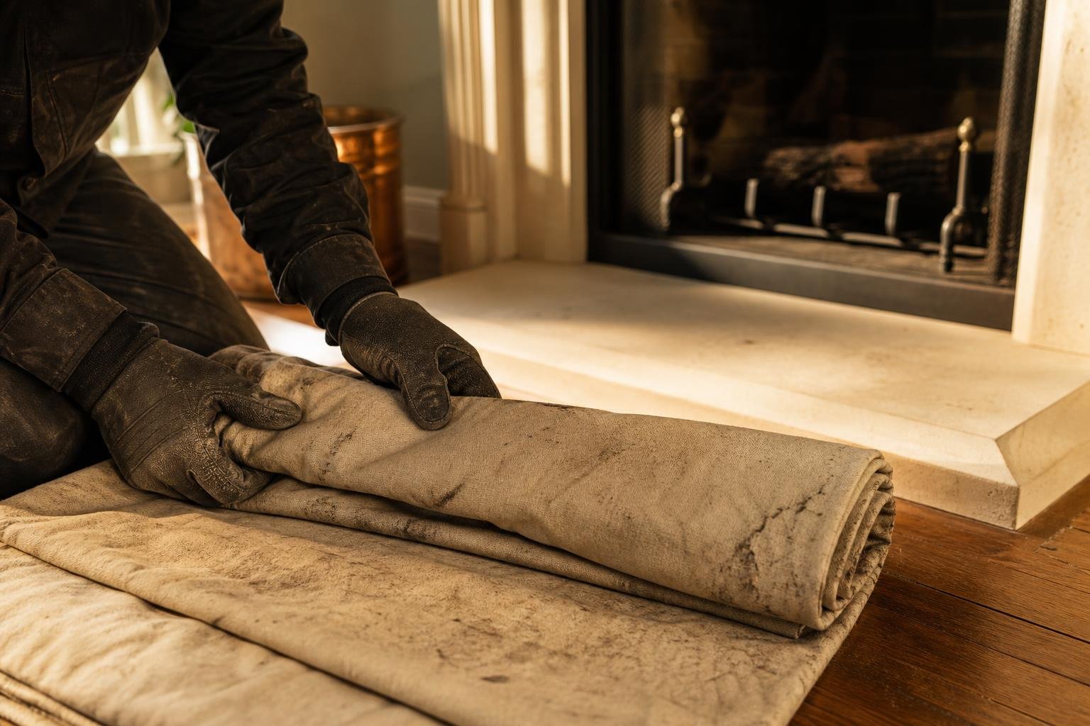 Technician cleaning up after a chimney sweep appointment