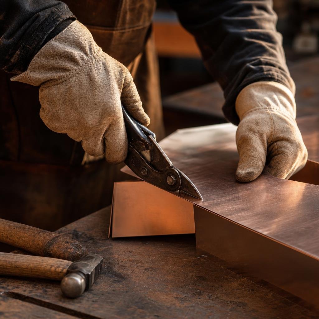 Technician custom-fabricating a chimney cap from sheet metal