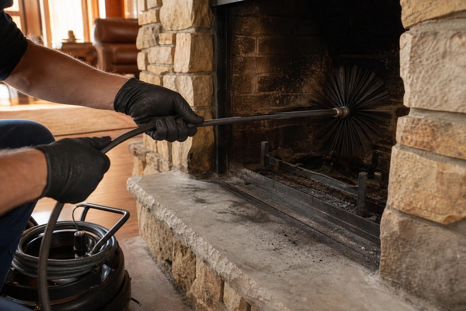 Technician performing a HEPA-filtered rotary chimney sweep
