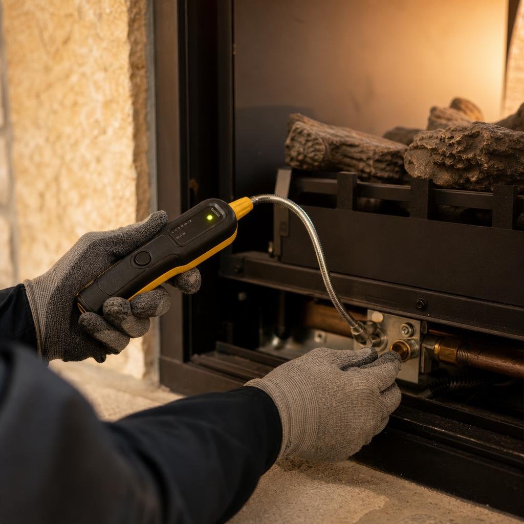 Technician performing a gas leak safety test after fireplace service