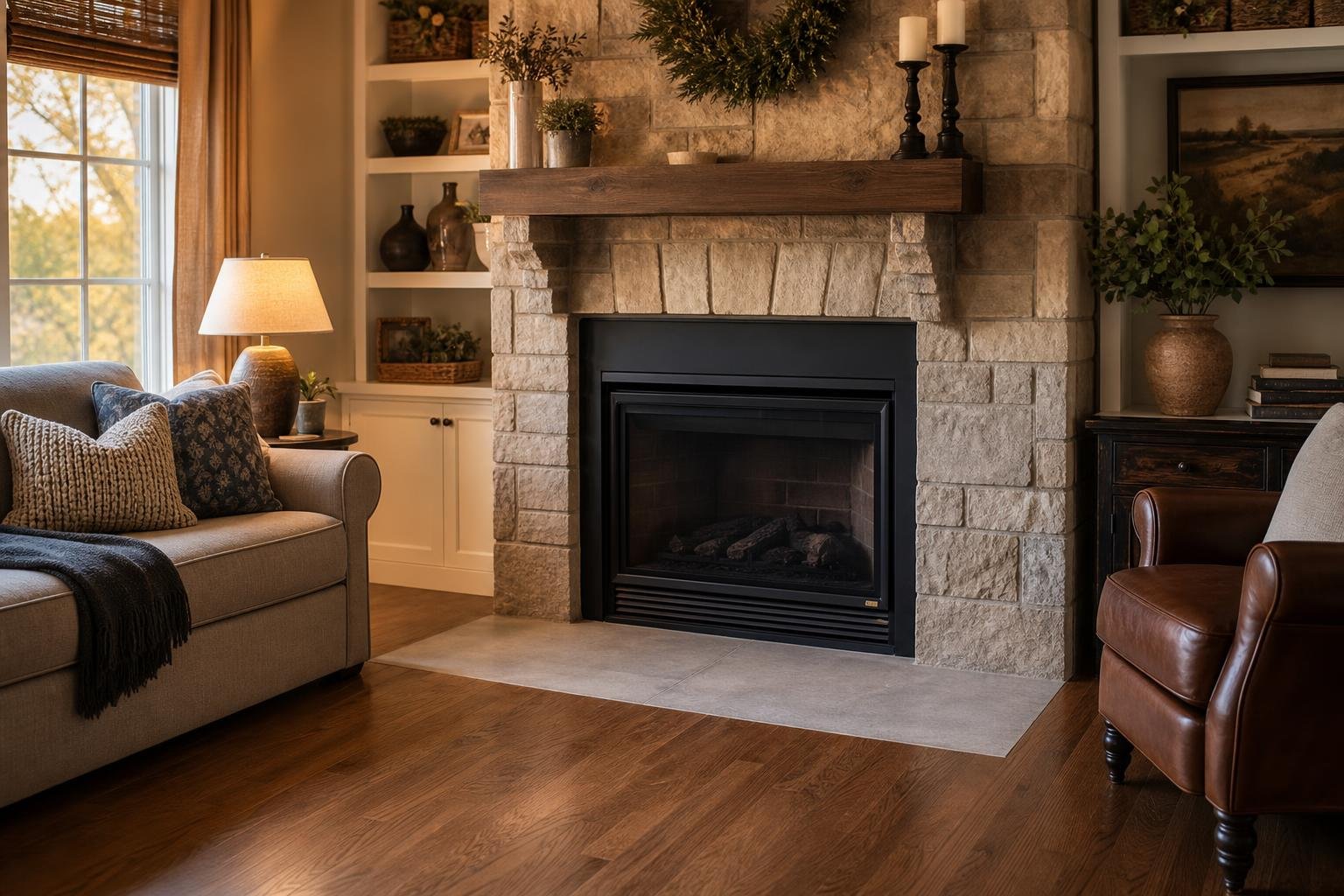 Warm fireplace in a tidy living room, the kind of clean-burning hearth a fresh sweep keeps safe