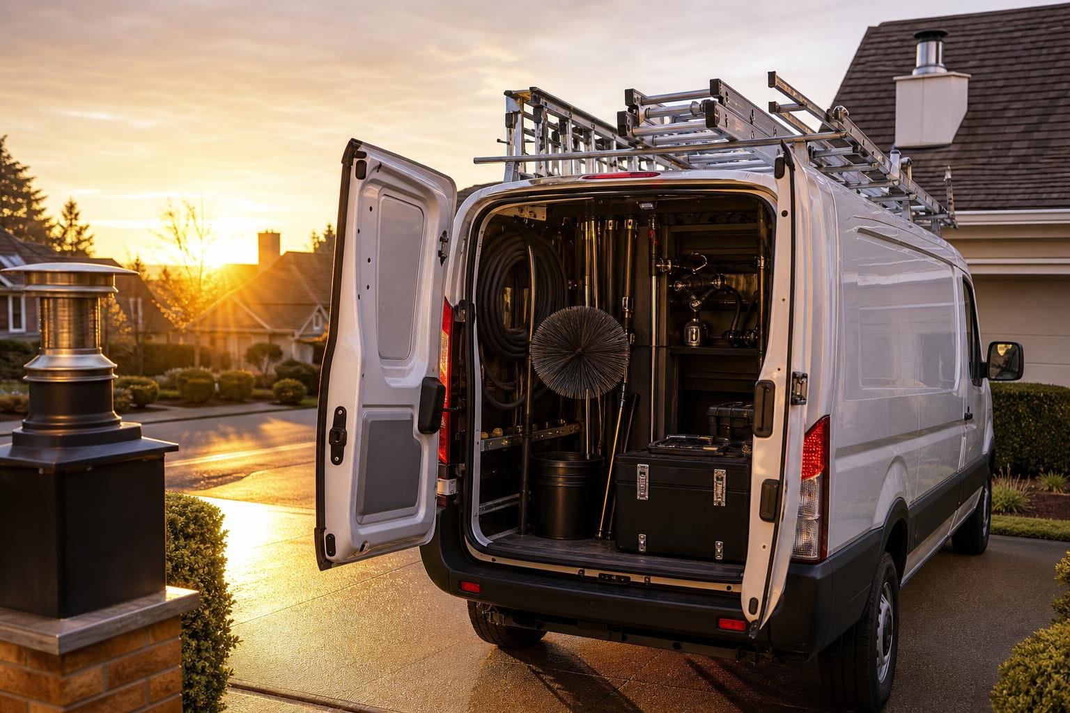 A fully stocked chimney sweep service van