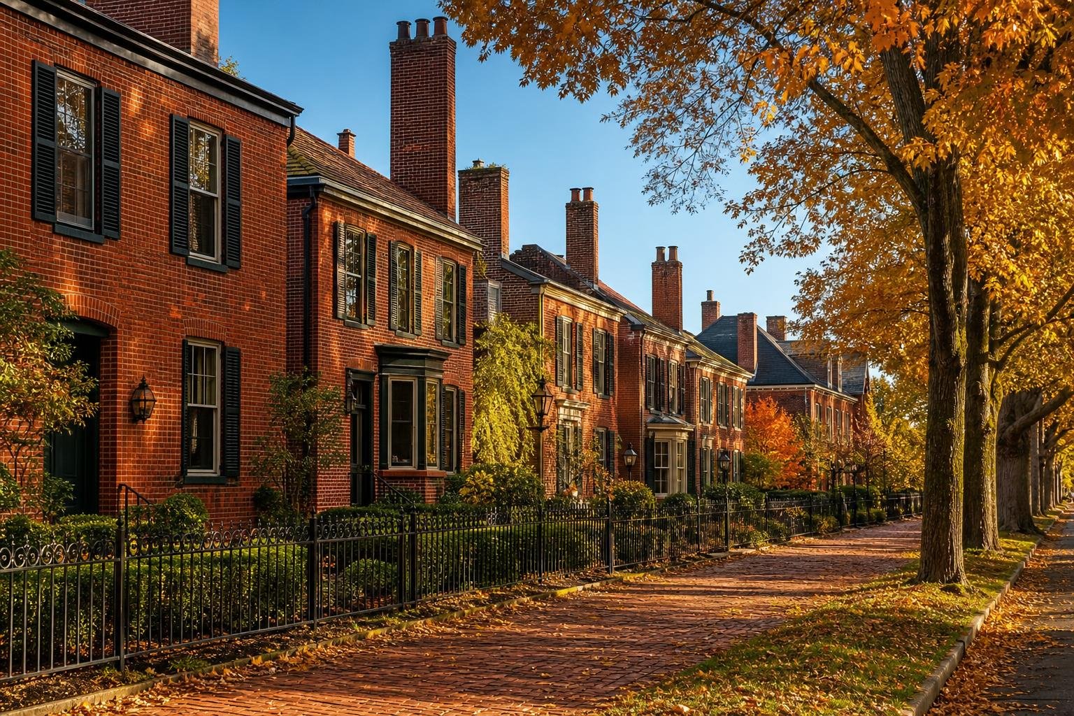 Row of historic brick homes with tall chimneys in a Columbus, Ohio neighborhood in autumn
