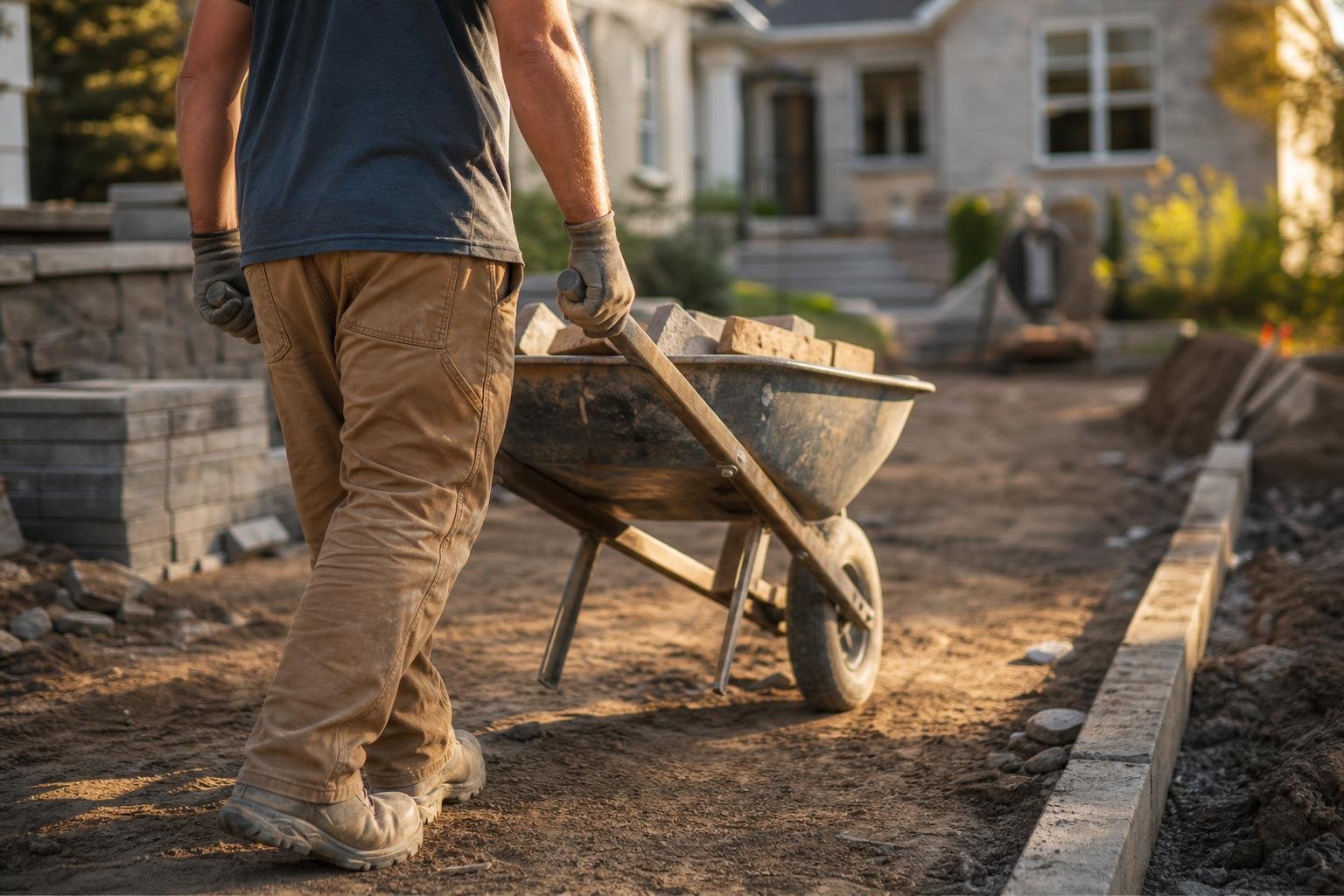 Construction worker on site with a wheelbarrow, representing the hands-on craftsmanship behind our work