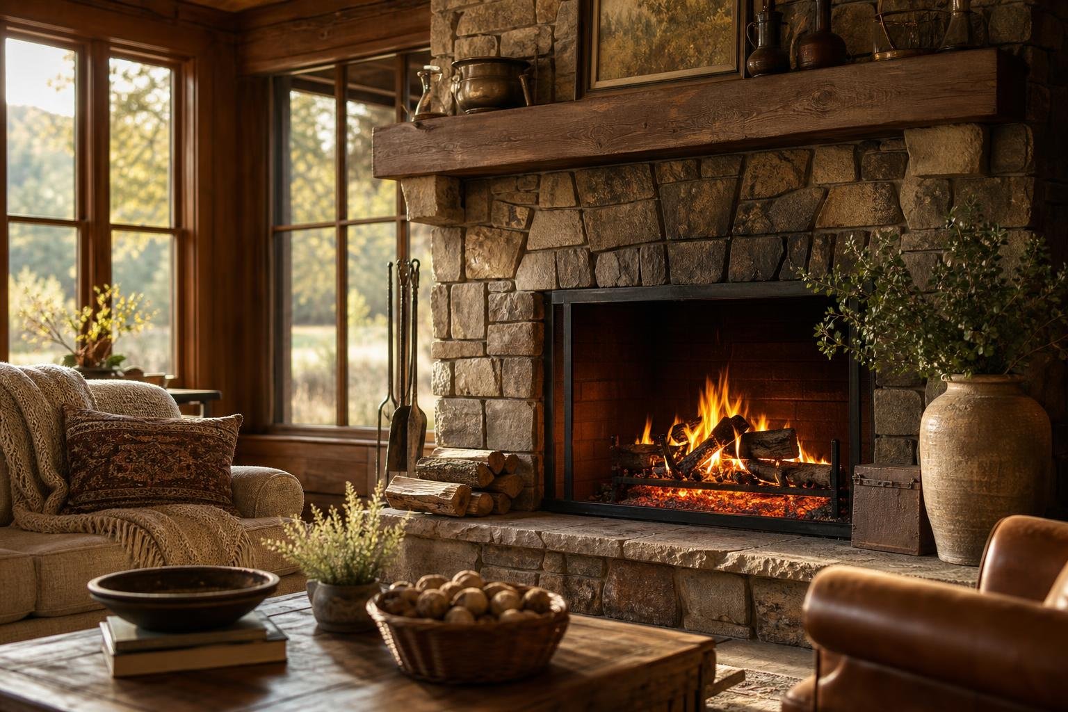 Cozy stone fireplace with a fire burning, the kind of hearth a well-maintained chimney keeps safe