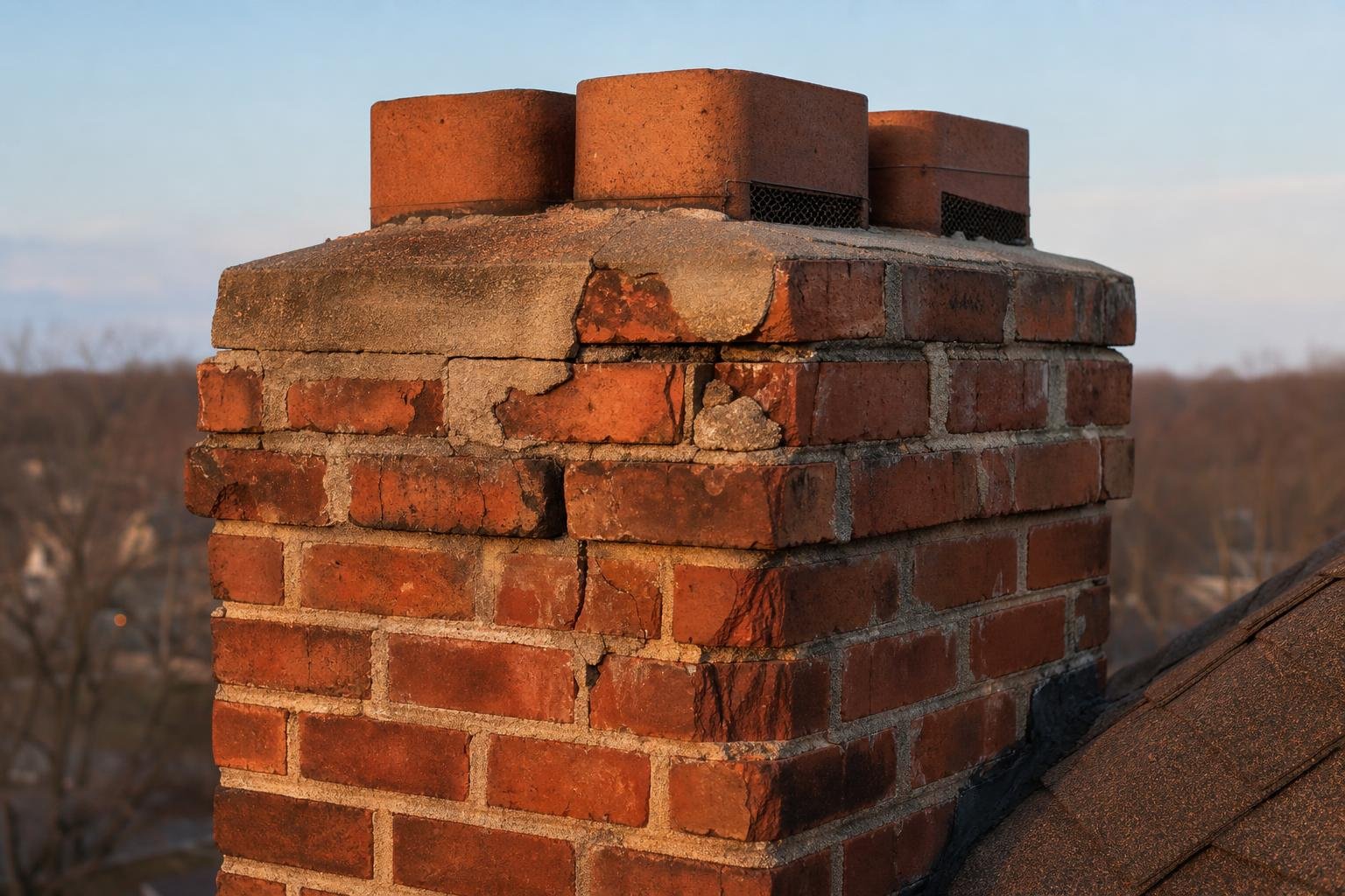 Cracked chimney crown showing warning signs of needed repair