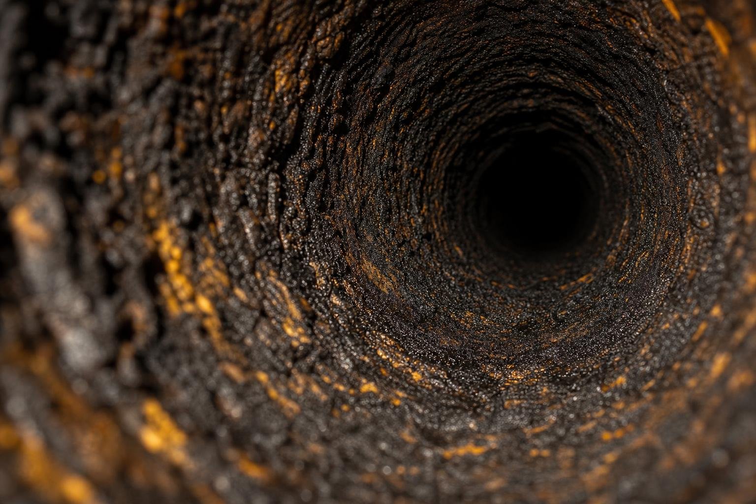 Close-up of creosote buildup inside a chimney flue