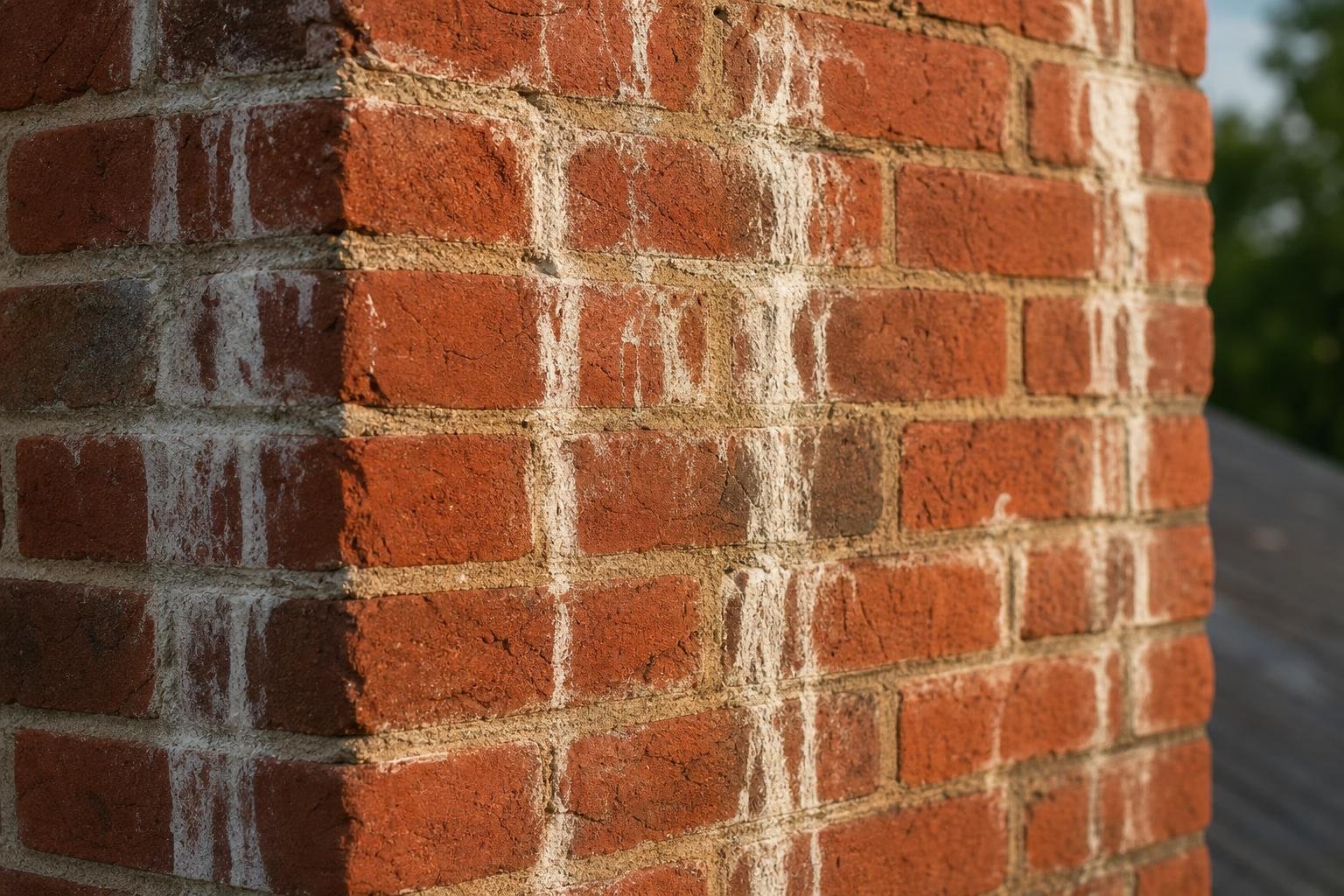 White efflorescence staining on chimney brick