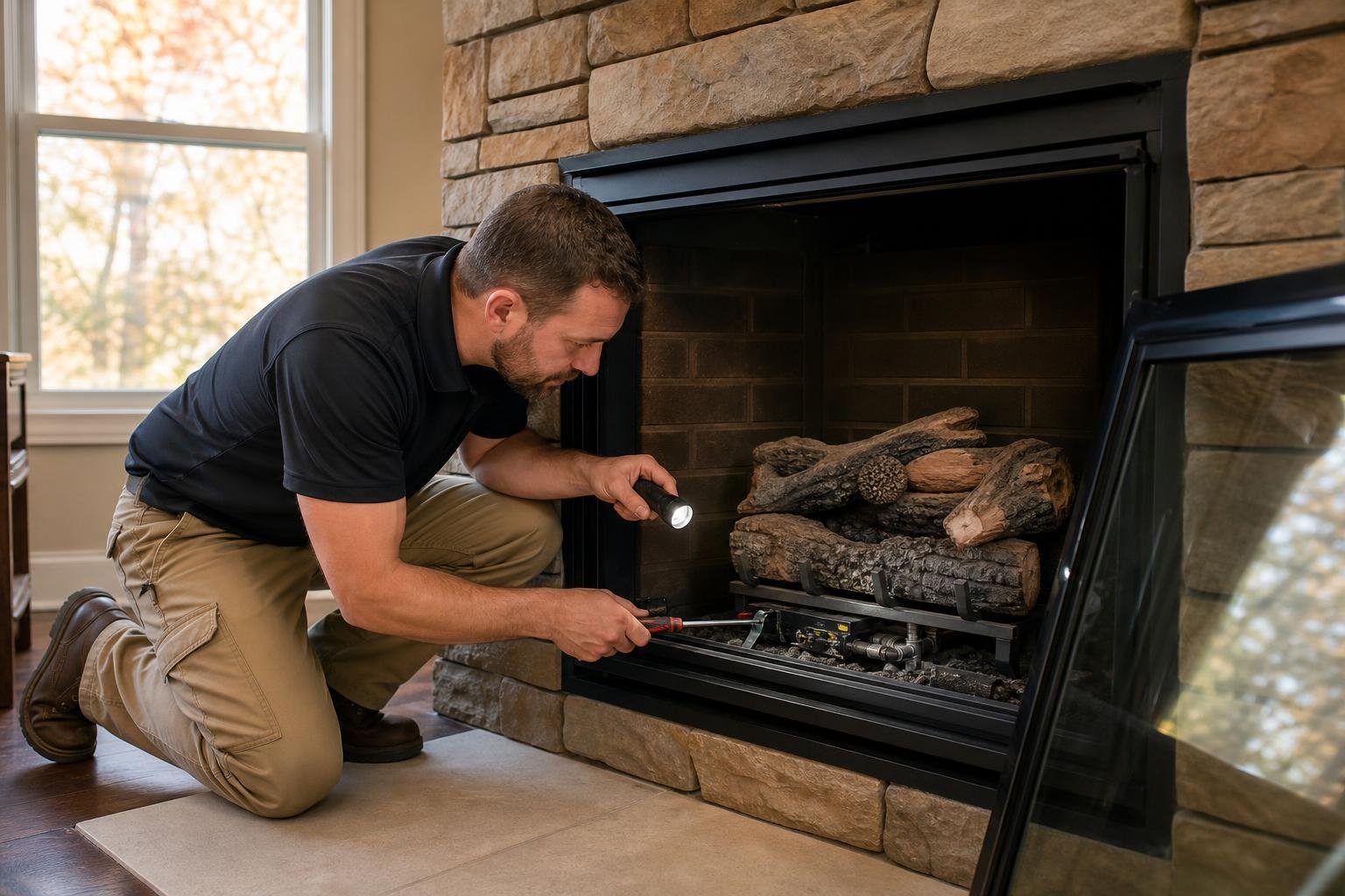 Technician inspecting the pilot assembly and gas logs of a gas fireplace insert