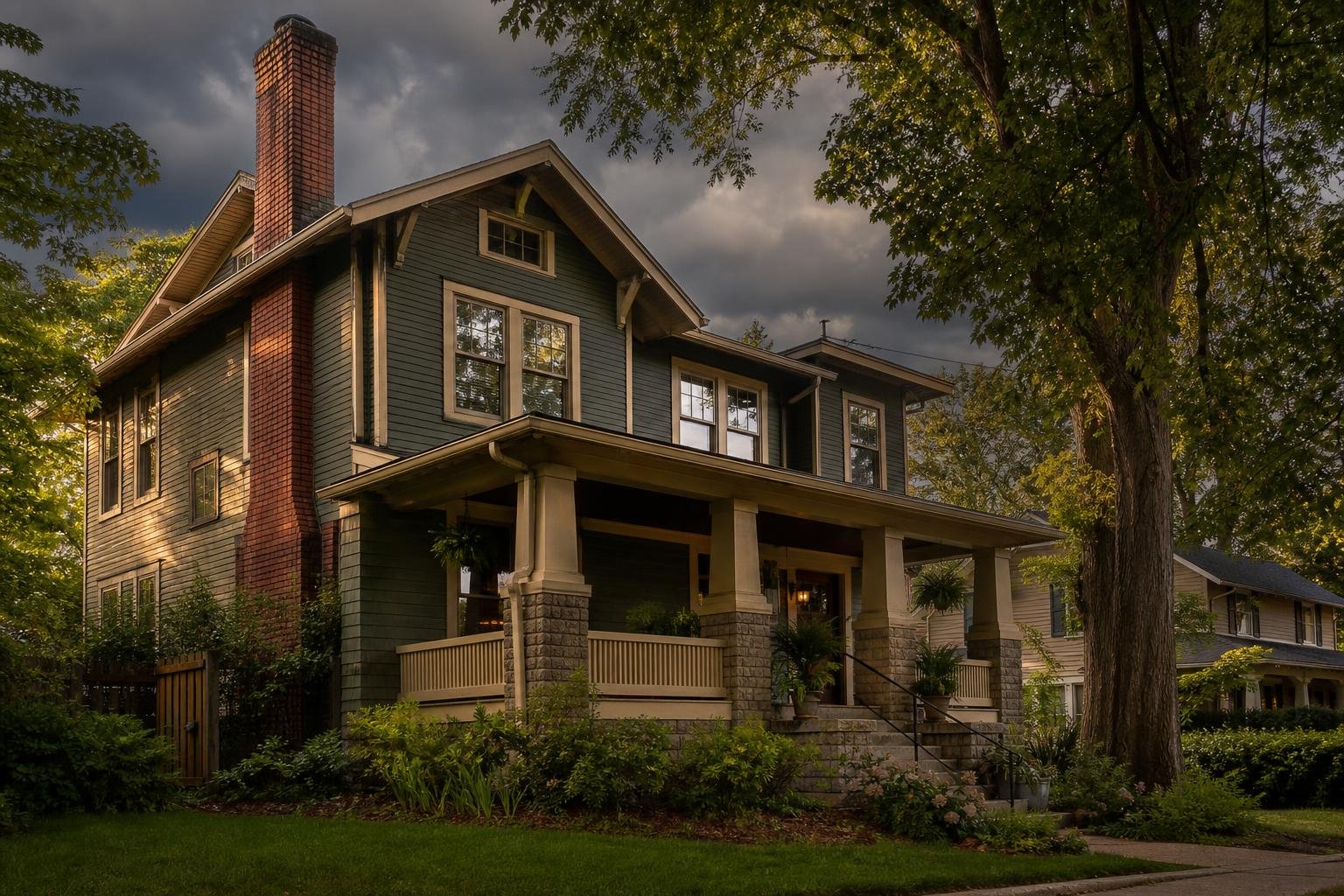 Historic Nashville craftsman home with an aged brick chimney under a stormy sky