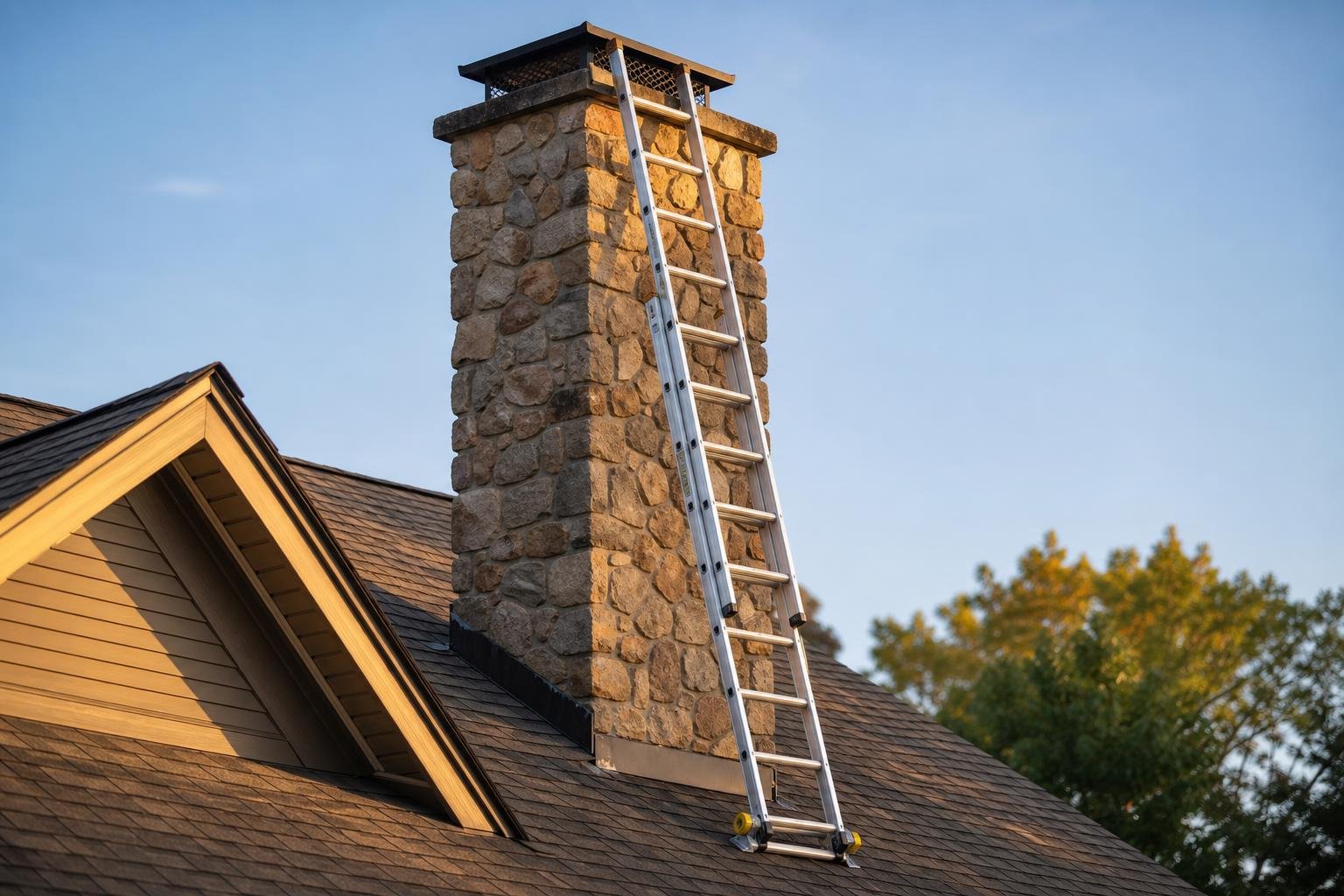 Ladder leaning against a stone chimney for a rooftop inspection