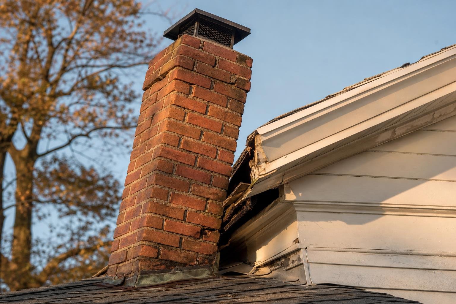 A leaning, separating chimney pulling away from a house