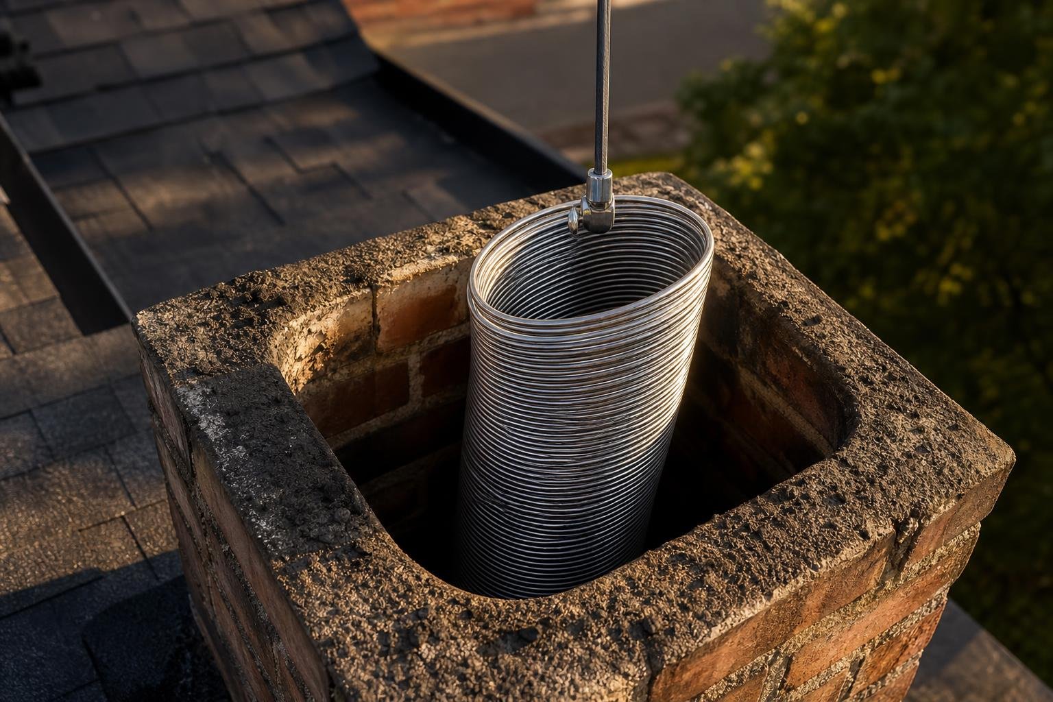 Technician installing a stainless steel chimney liner