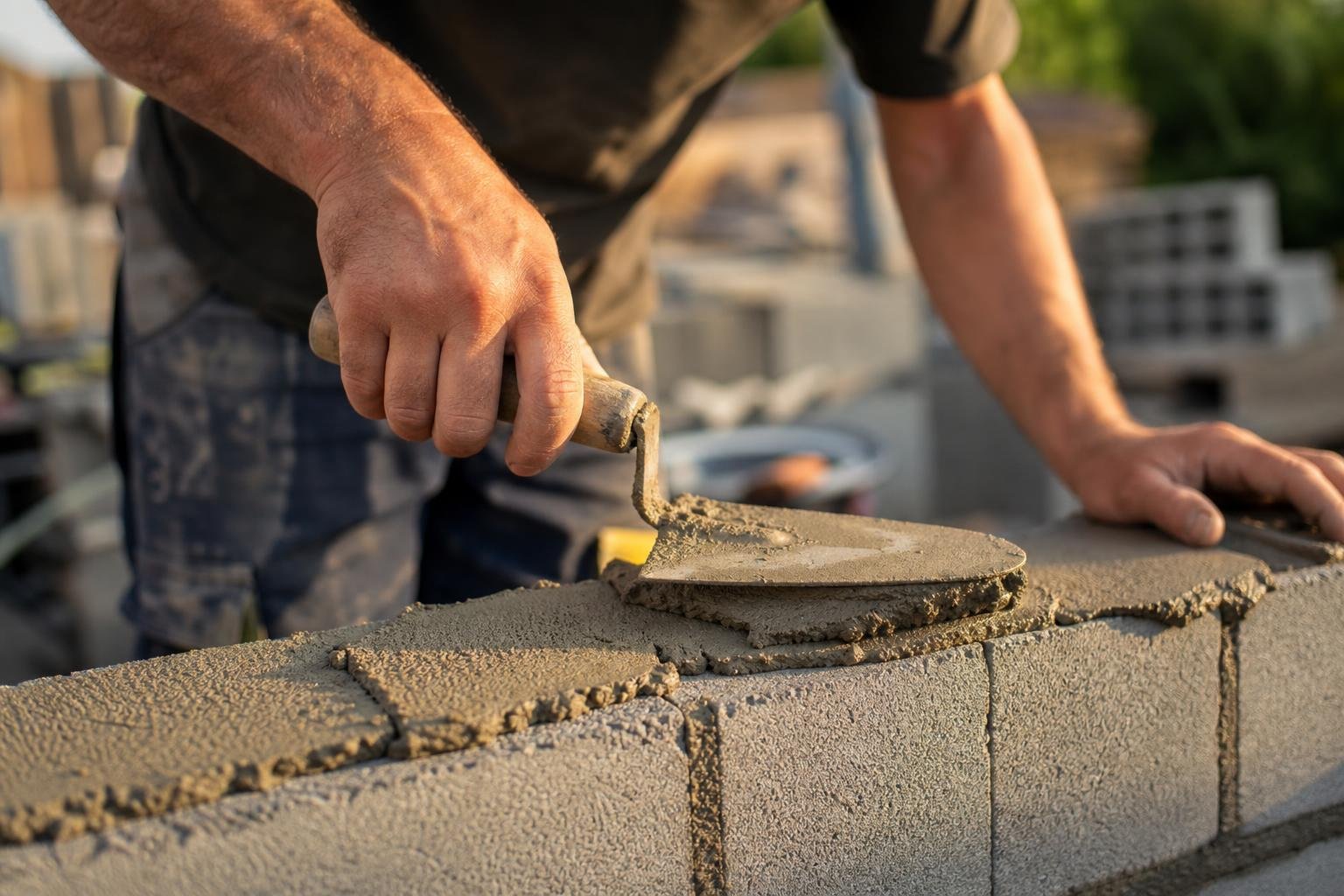 Mason smoothing fresh mortar on a block wall course