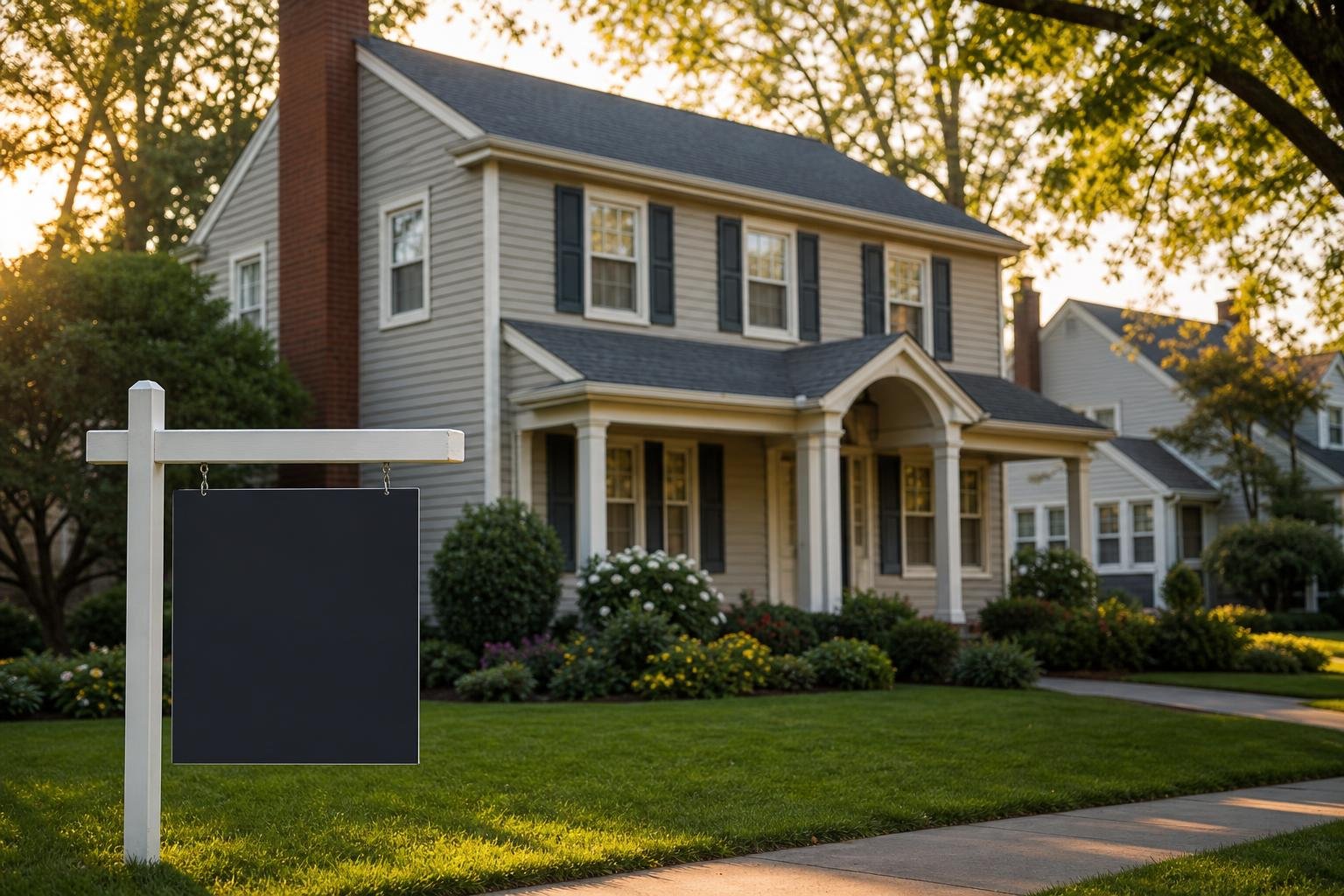 Traditional Nashville-area home with a brick chimney and a real estate for-sale sign in the yard