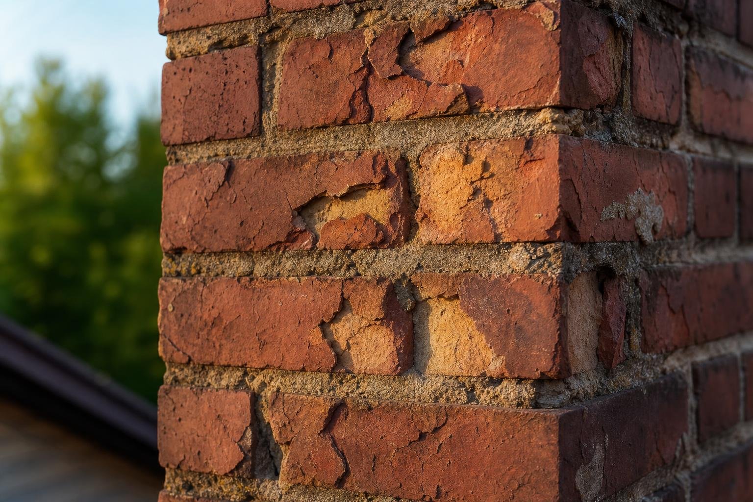 Cracked and spalling brick on a chimney exterior
