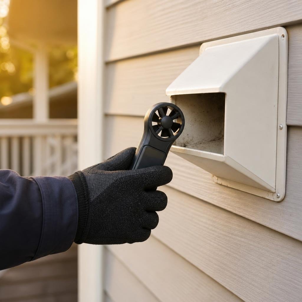 Technician testing airflow at a dryer exterior vent