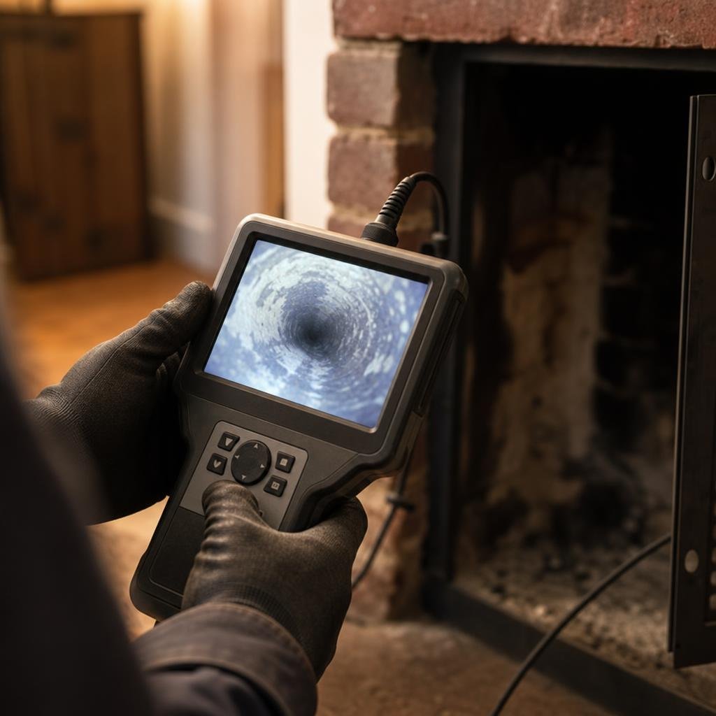 Technician using a video inspection camera to check a chimney flue
