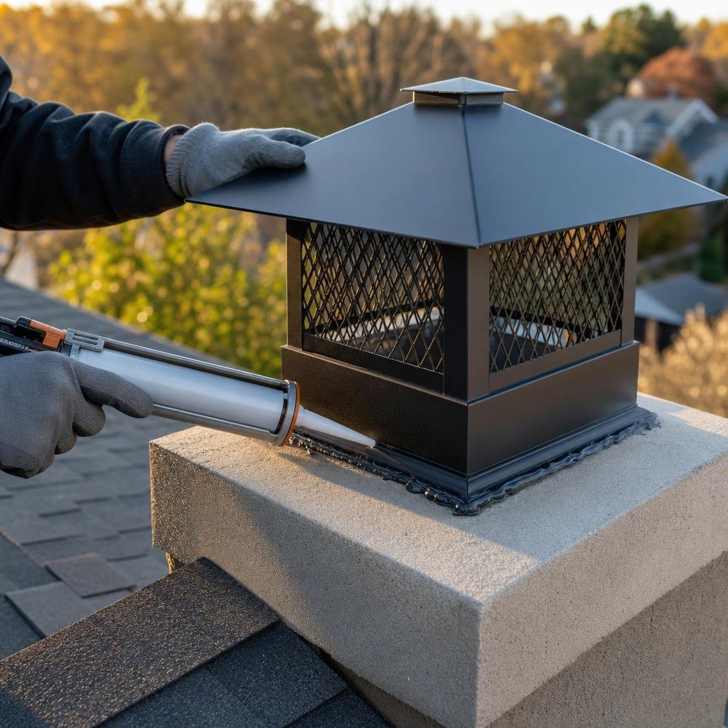 Technician installing new chimney hardware on a rooftop
