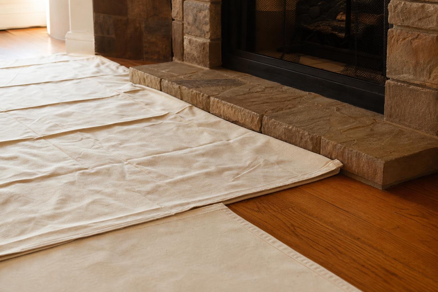 Technician laying drop cloths to protect flooring before a chimney sweep