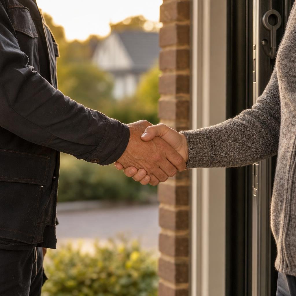 Technician shaking hands with a homeowner to schedule a follow-up visit