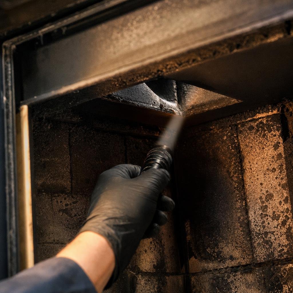 Technician shining a flashlight into a fireplace flue during a visual inspection