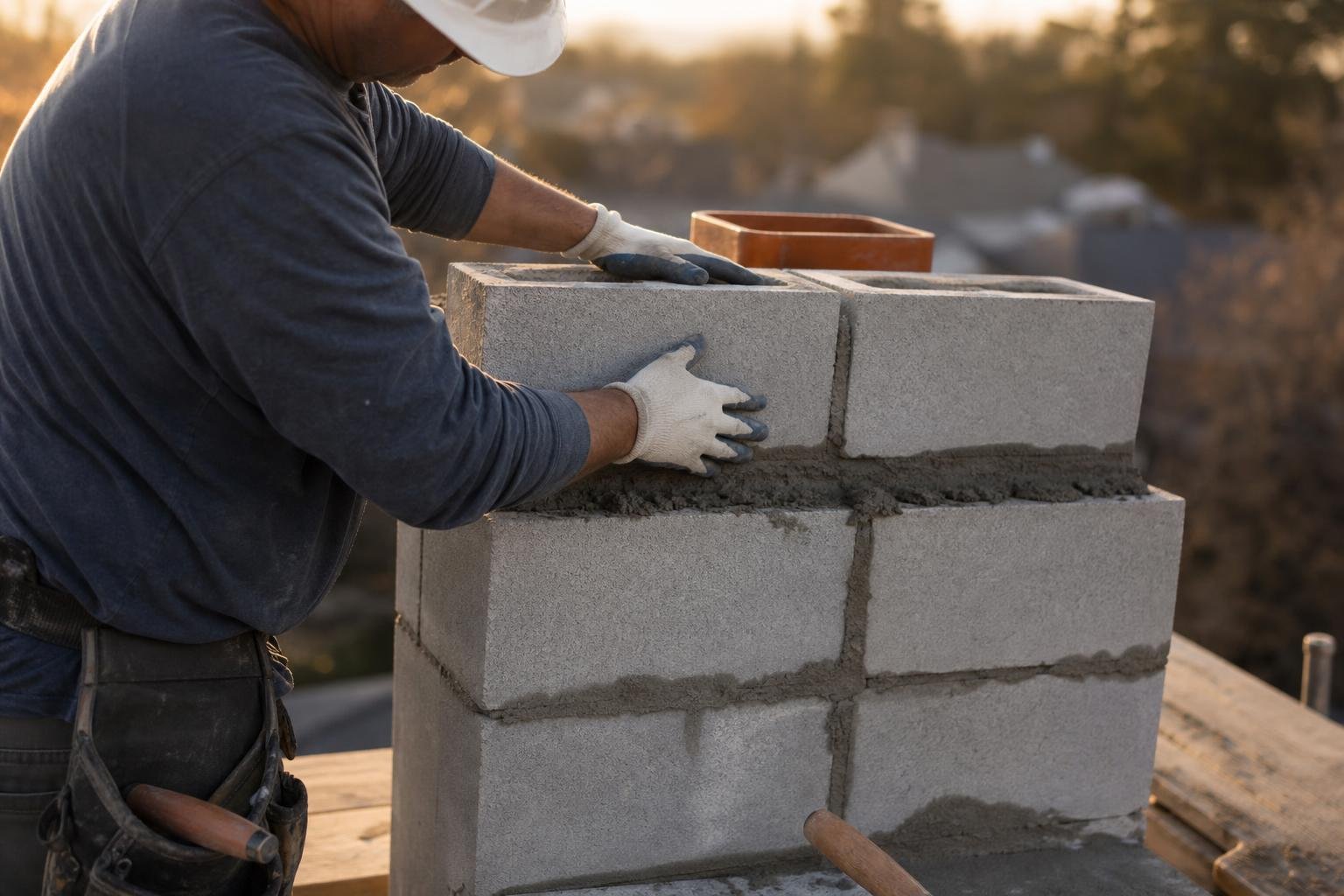 Worker in a hard hat laying concrete blocks for a masonry rebuild